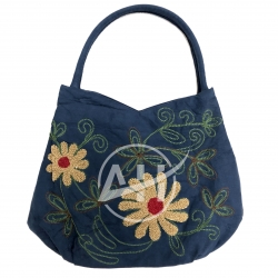 Handmade Navy Suede Embroidered Woman Shoulder Handbag